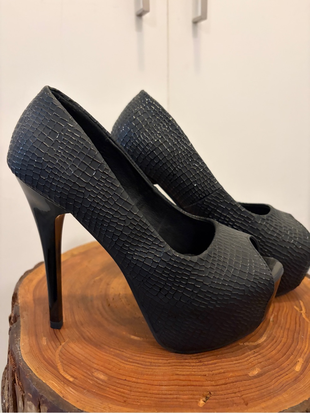 Textured Black Peep-Toe Platform Heels